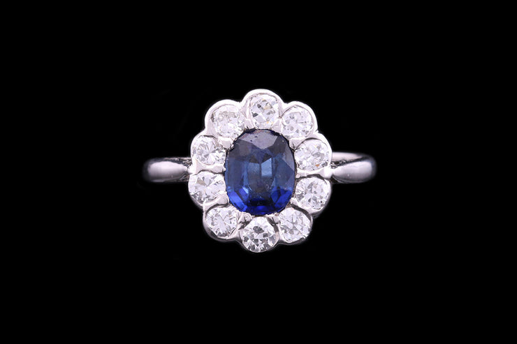 Art Deco 14ct White Gold Diamond and Sapphire Cluster Ring