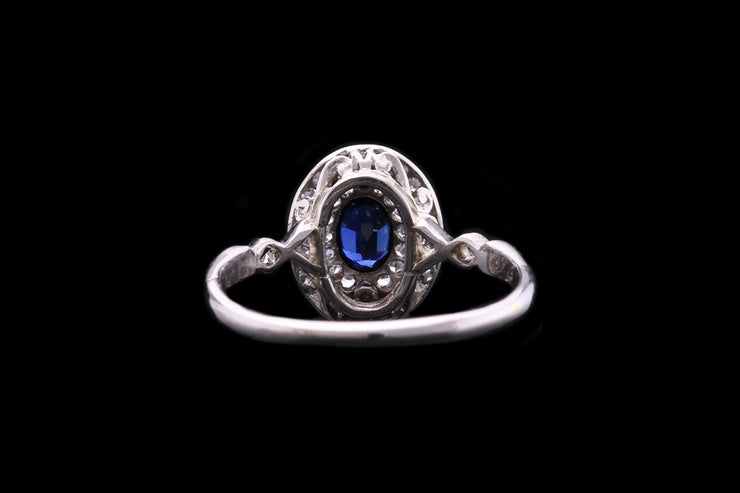 Edwardian Platinum Diamond and Sapphire Oval Double Row Cluster Ring