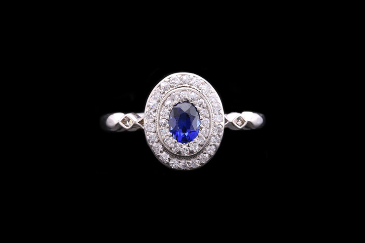 Edwardian Platinum Diamond and Sapphire Oval Double Row Cluster Ring