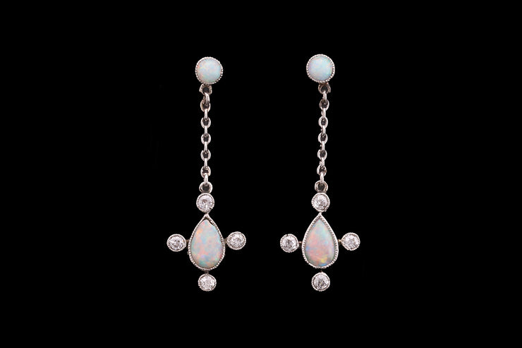 Edwardian Platinum and 18ct Yellow Gold Diamond and Opal Drop Earrings