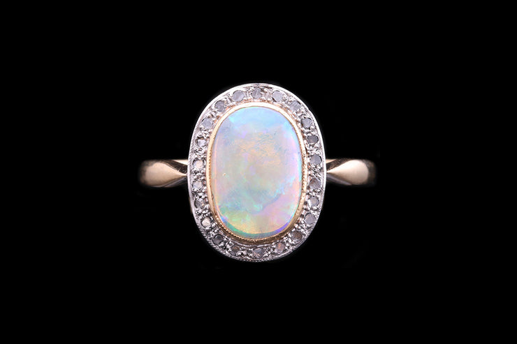 Edwardian 18ct Yellow Gold and Platinum Diamond and Opal Oval Cluster Ring