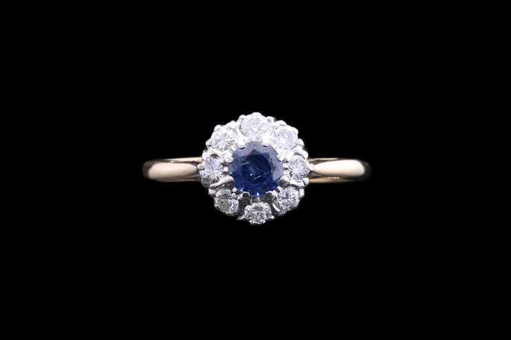 14ct Yellow Gold and Platinum Diamond and Sapphire Round Cluster Ring