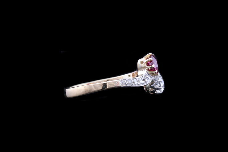 Victorian 18ct Yellow Gold and Platinum Diamond and Ruby Two Stone Twist Ring with Diamond Shoulders