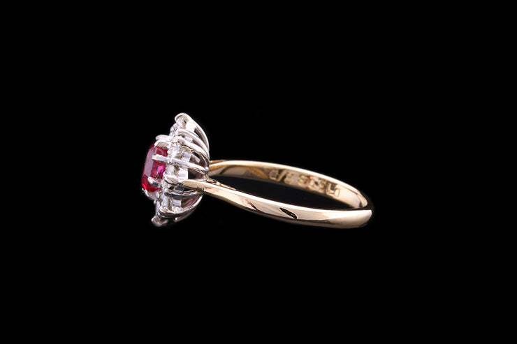 18ct Yellow Gold and White Gold Diamond and Ruby Oval Cluster Ring